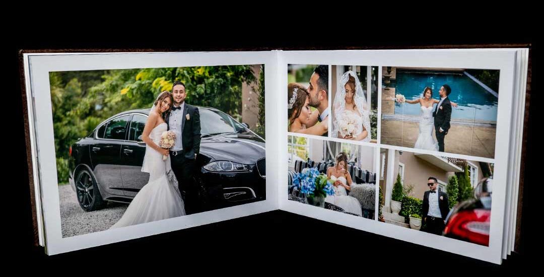 A wedding photo album by Hapfilm NZ Ltd featuring high-quality Queensberry flush mount prints with various wedding moments.