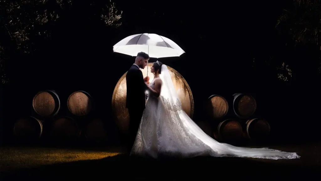 Wedding photo of Afghan couple at Markovina, the top wedding venue in Kumeu, Auckland, captured at night by HAPfilm, the best Auckland wedding photographer.