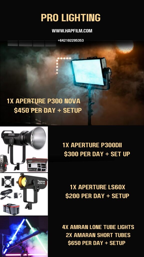 HAPfilm lighting rentals for events, offering high-quality equipment like Aperture P300 Nova, P300DII, LS60X, Amran tube lights with professional setup and delivery.
