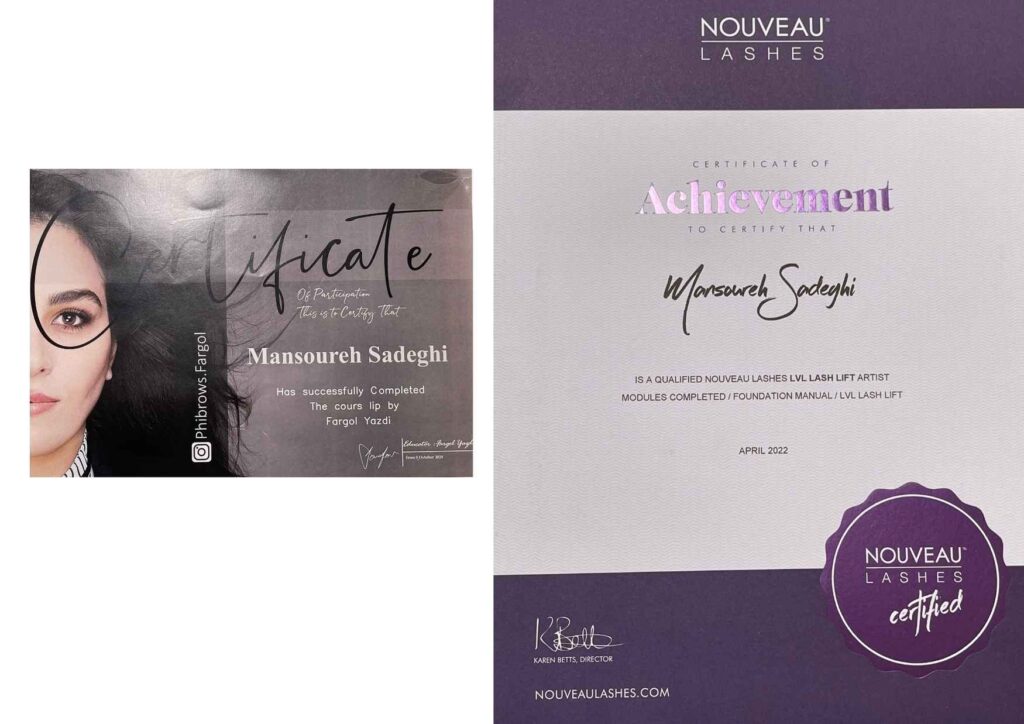 Mansoureh Sadeghi (Mansi) certified in Nouveau Lashes LVL Lash Lift and PhiBrows, showcasing expertise in lash lifts and brow artistry in Auckland.