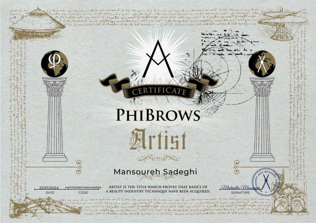 PhiBrows Artist Certificate awarded to Mansoureh Sadeghi (Mansi) for mastering the art of eyebrow microblading in Auckland.