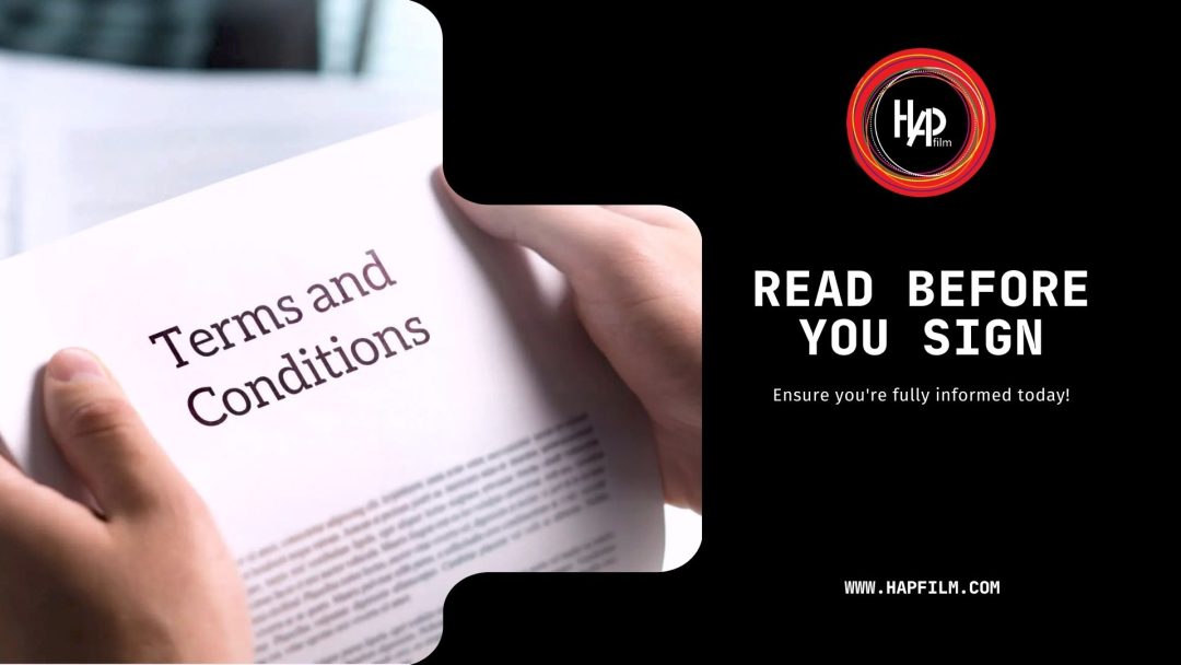Close-up of a person holding a document labeled 'Terms and Conditions' with HAPfilm NZ Ltd branding, reminding clients to read before signing.