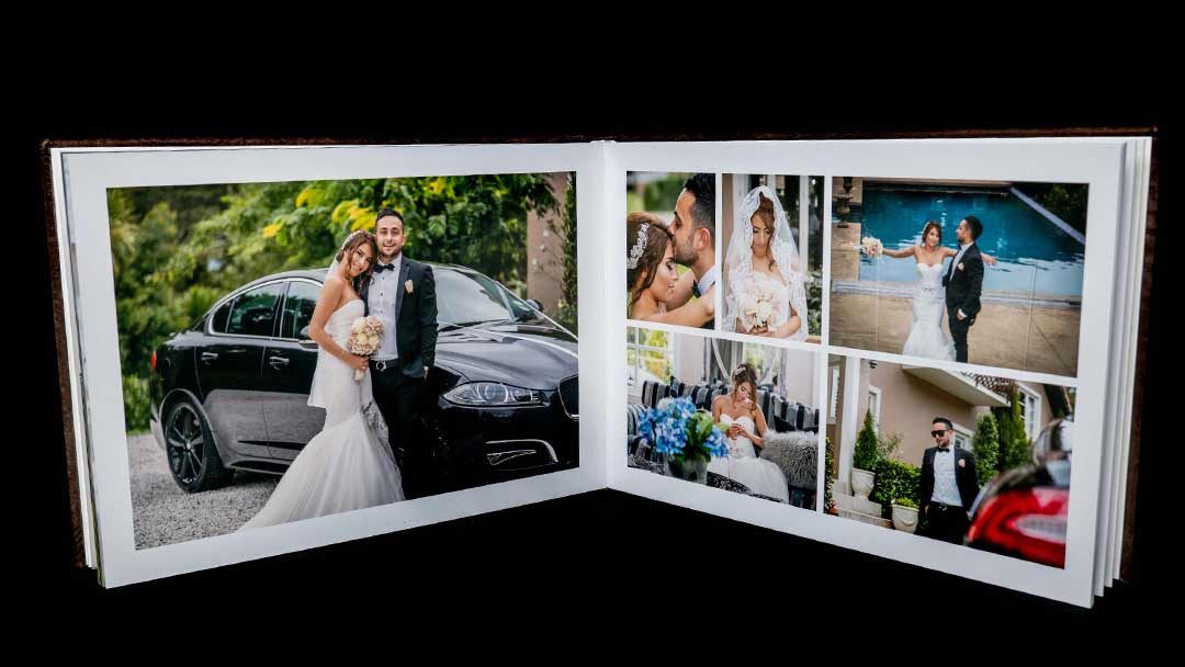 A wedding photo album by Hapfilm NZ Ltd featuring high-quality Queensberry flush mount prints with various wedding moments.